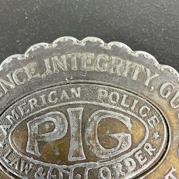 Vintage Am. Police, Patience, Integrity, Guts “PIG” Belt Buckle, 3.5”x2.5” - Picture 3 of 8